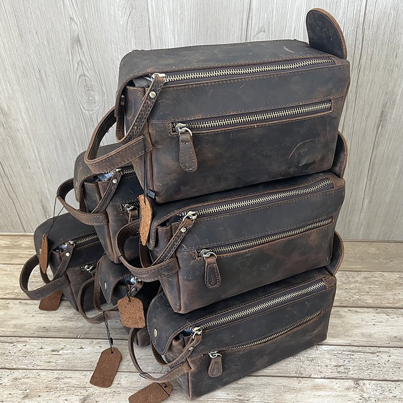 Retro crazy horse genuine leather toiletry bag cosmetic wash bag for men dopp kit shaving bags