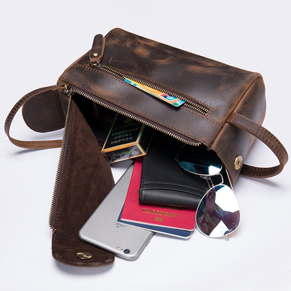 Retro crazy horse genuine leather toiletry bag cosmetic wash bag for men dopp kit shaving bags