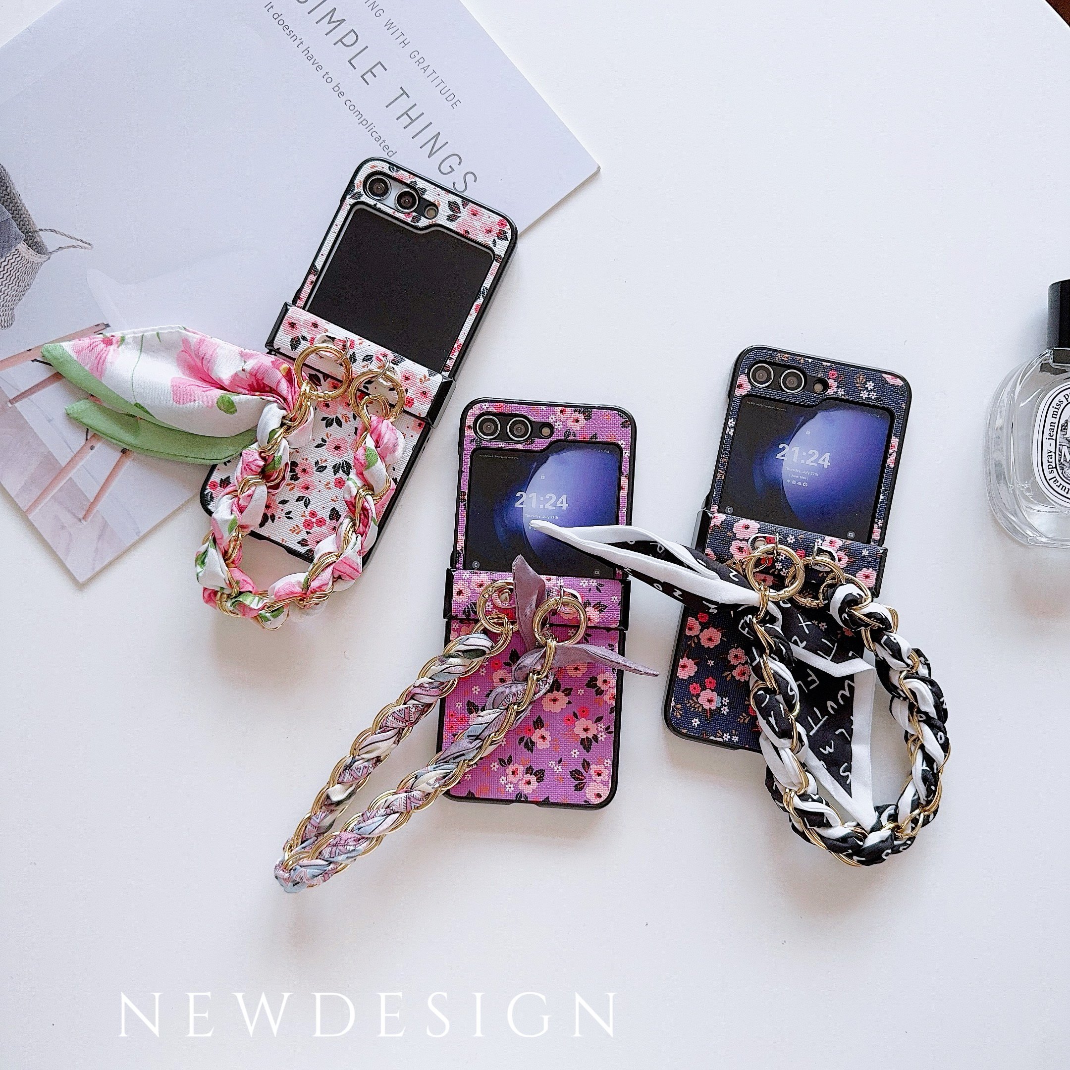 Floret Mobile Phone Cases with Silk Scarf Hand Band for Samsung Galaxy Z Flip 6 5 4 3 vivo XFlip