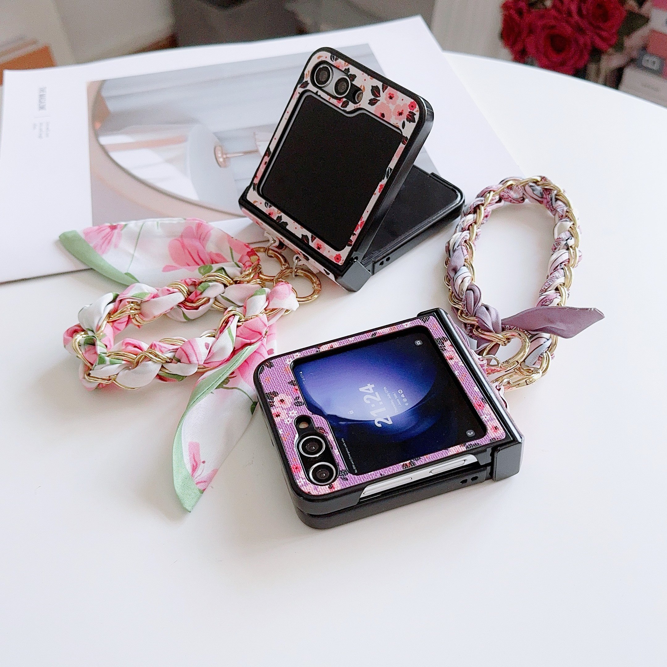 Floret Mobile Phone Cases with Silk Scarf Hand Band for Samsung Galaxy Z Flip 6 5 4 3 vivo XFlip