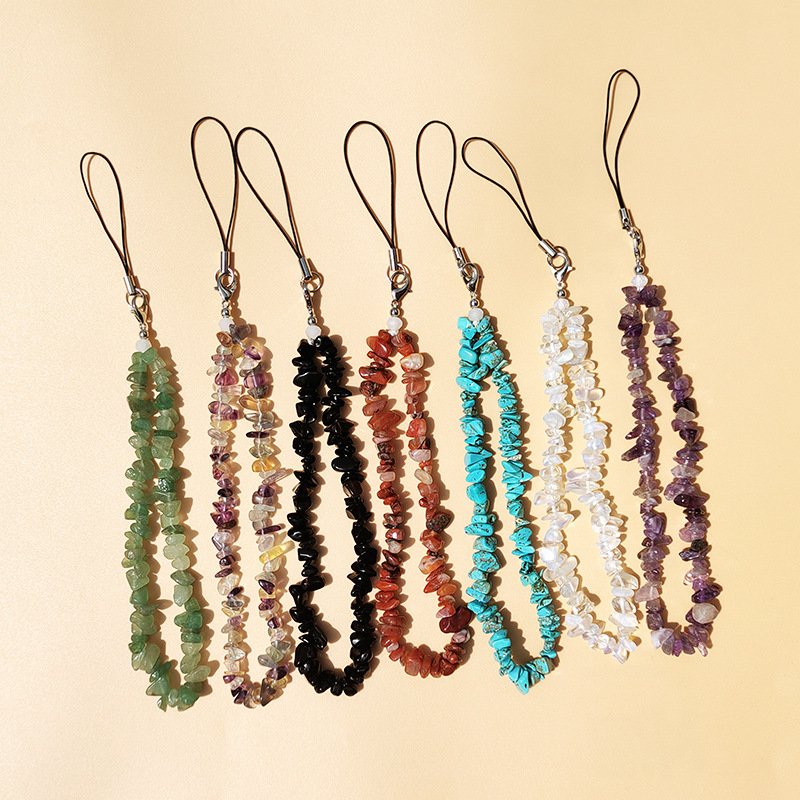 Wholesale New Gemstone Natural Stone Gravel Crystal Stone phone strap Crystal Amethyst Rose Quartz Opal mobile phone Chain