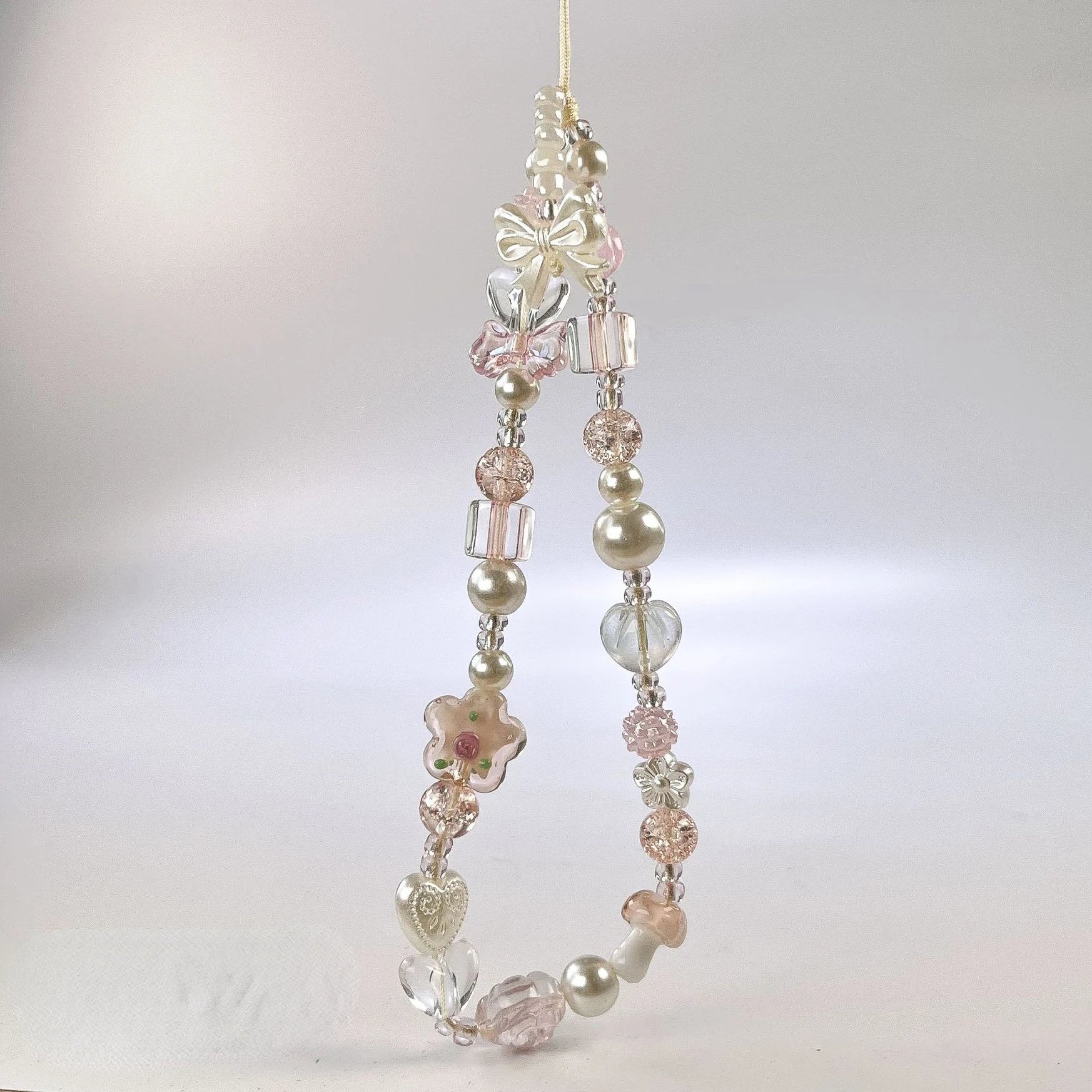 Y2K Glass Flower Bead Phone Strap Charm Chain Knot Cellphone Lanyard Keychain Woman Girl Bag Camera Pendant for Airpods Case