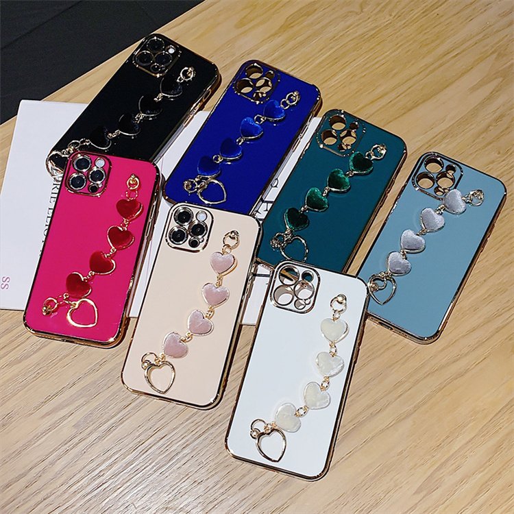 New Arrival Women Phone Cases Luxury Electroplating Phone Case with Love Heart Strap Chain For iPhone 14 13 Pro Max