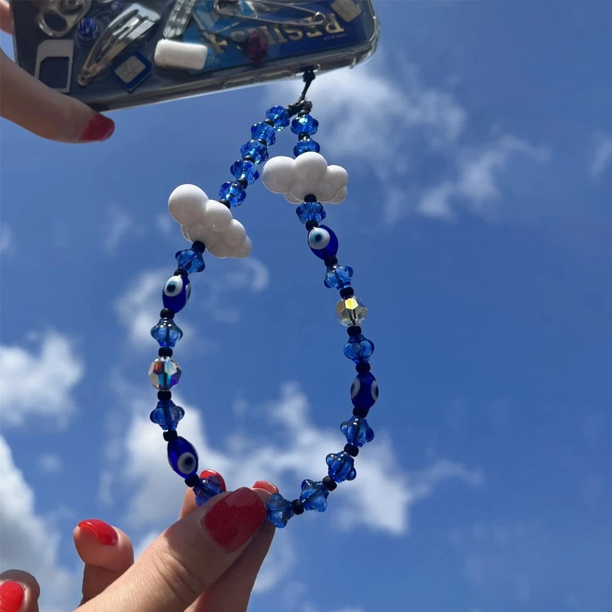 Blue Lucky Eye Phone Chains White Cloud Turkey Evil Eyes Acrylic Crystal Beaded Mobile Phone Charm Strap Accessories for Women