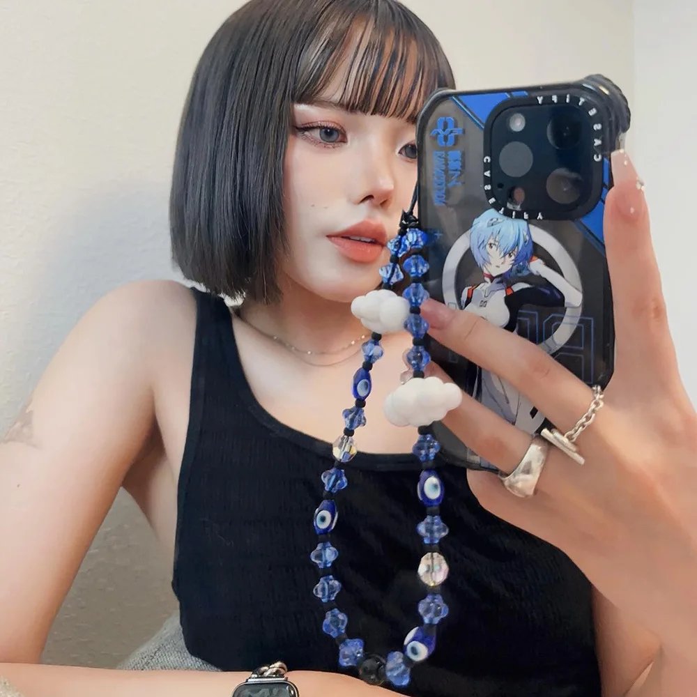 Blue Lucky Eye Phone Chains White Cloud Turkey Evil Eyes Acrylic Crystal Beaded Mobile Phone Charm Strap Accessories for Women