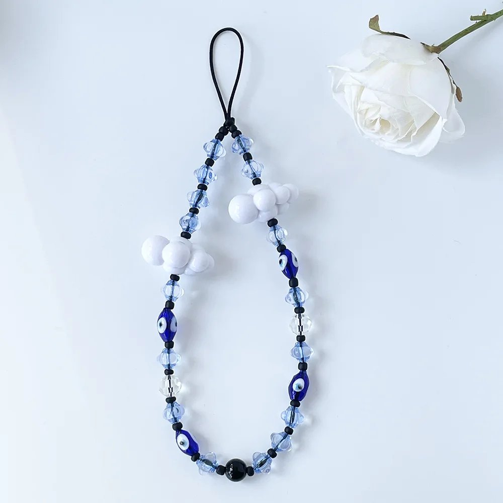 Blue Lucky Eye Phone Chains White Cloud Turkey Evil Eyes Acrylic Crystal Beaded Mobile Phone Charm Strap Accessories for Women
