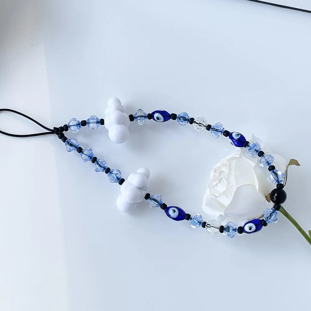 Blue Lucky Eye Phone Chains White Cloud Turkey Evil Eyes Acrylic Crystal Beaded Mobile Phone Charm Strap Accessories for Women