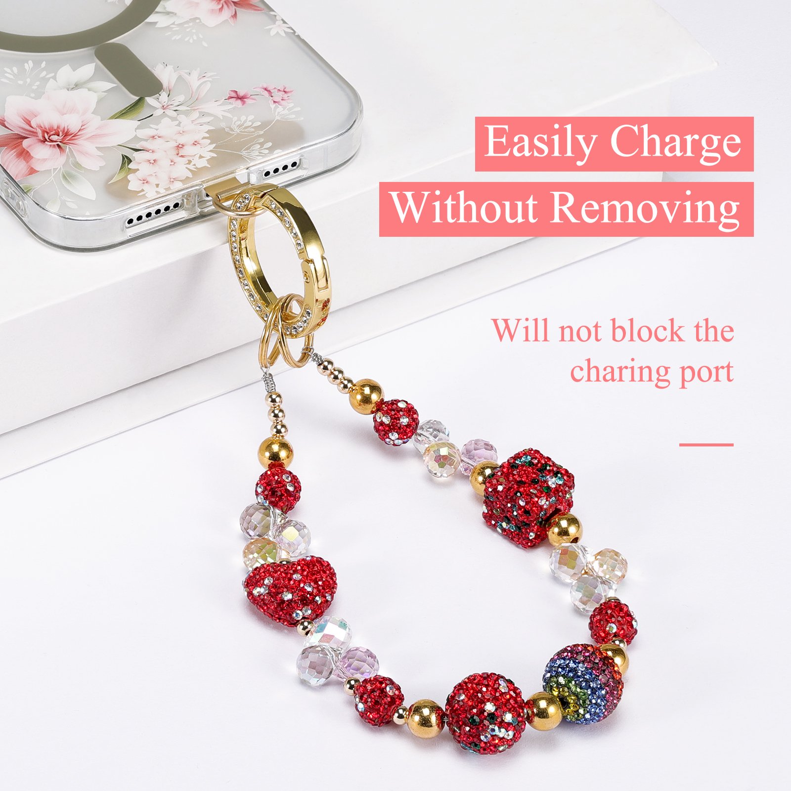 Detachable Bling Mobile Phone Lanyard Glitter Cell Phone Lanyard High Shine Charm Wrist Straps Bead With Keychain and Patch