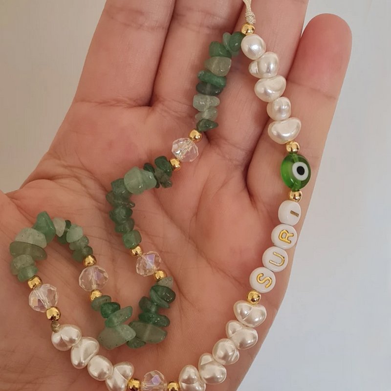 Fashion Diy Aventurine Chips Cell Phone Chain Custom Logo Cute Pearl Beaded Mobile Phone Charm Straps