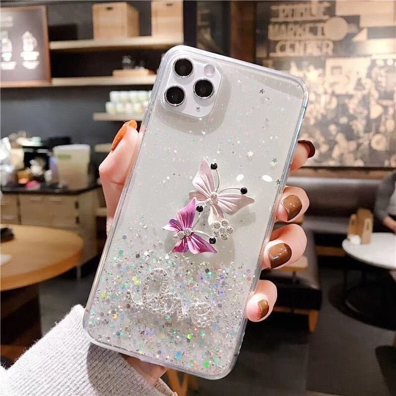 Three-dimensional rhinoceros ins butterfly glitter pink Full Sky Star phone case suitable for iphone 15 14/13/12/11 pro max