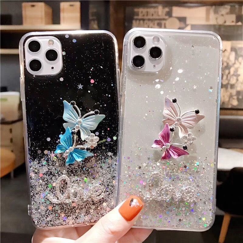 Three-dimensional rhinoceros ins butterfly glitter pink Full Sky Star phone case suitable for iphone 15 14/13/12/11 pro max