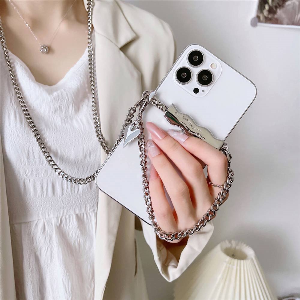 Universal Curly Wavy Metal Phone Clip Holder Crossbody Lanyard Chain Necklace All Phones INS Love Heart Luxury Carry Hang Strap