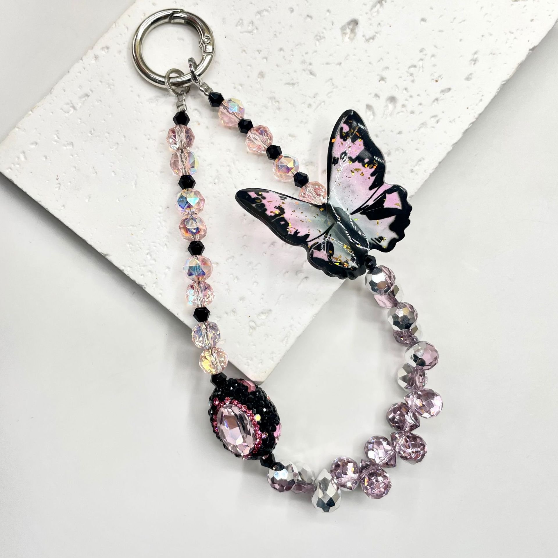 fashion hanging chain ring code cell phone wrist strap clip universal butterfly crystal teardrop bead mobile phone lanyard