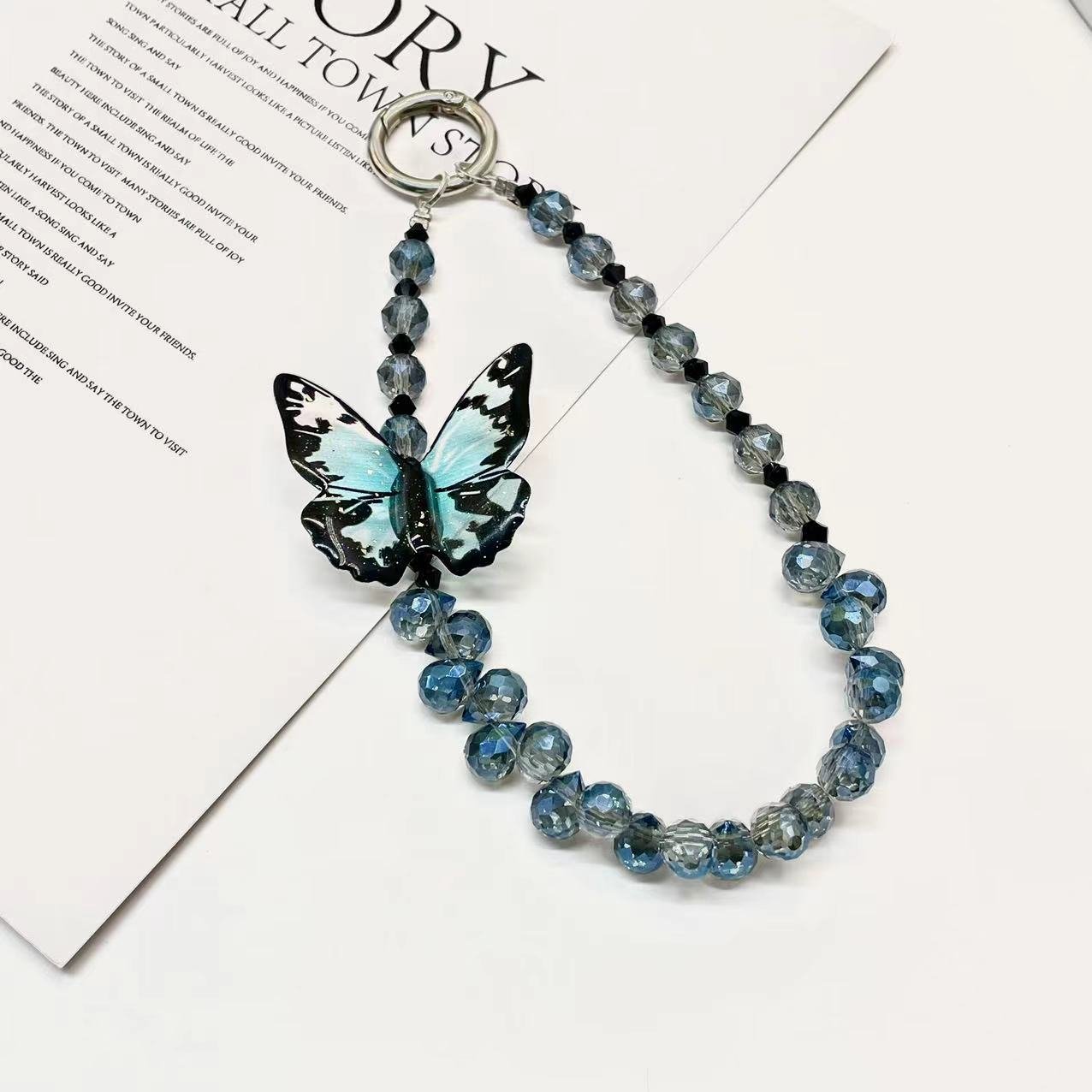 fashion hanging chain ring code cell phone wrist strap clip universal butterfly crystal teardrop bead mobile phone lanyard