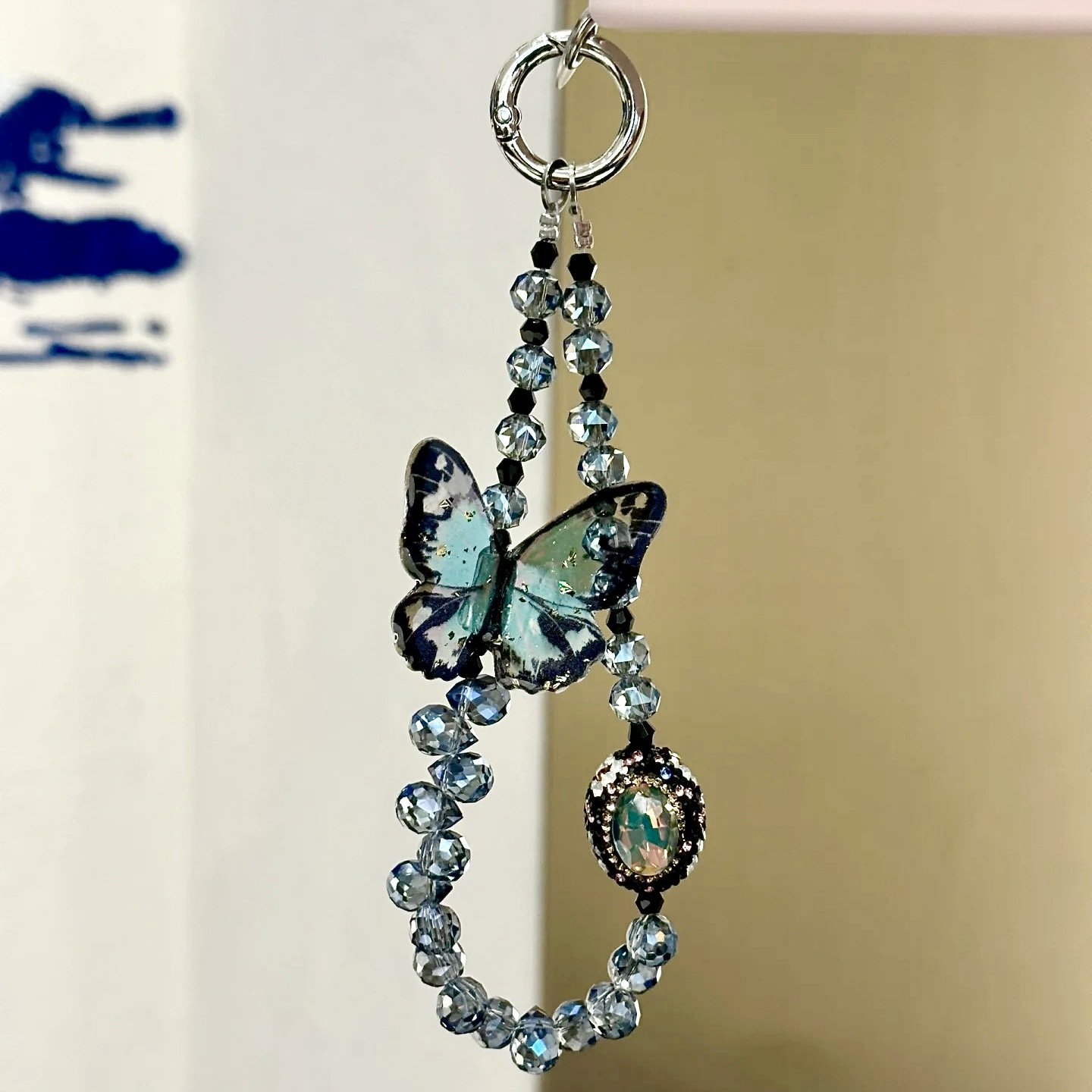 fashion hanging chain ring code cell phone wrist strap clip universal butterfly crystal teardrop bead mobile phone lanyard