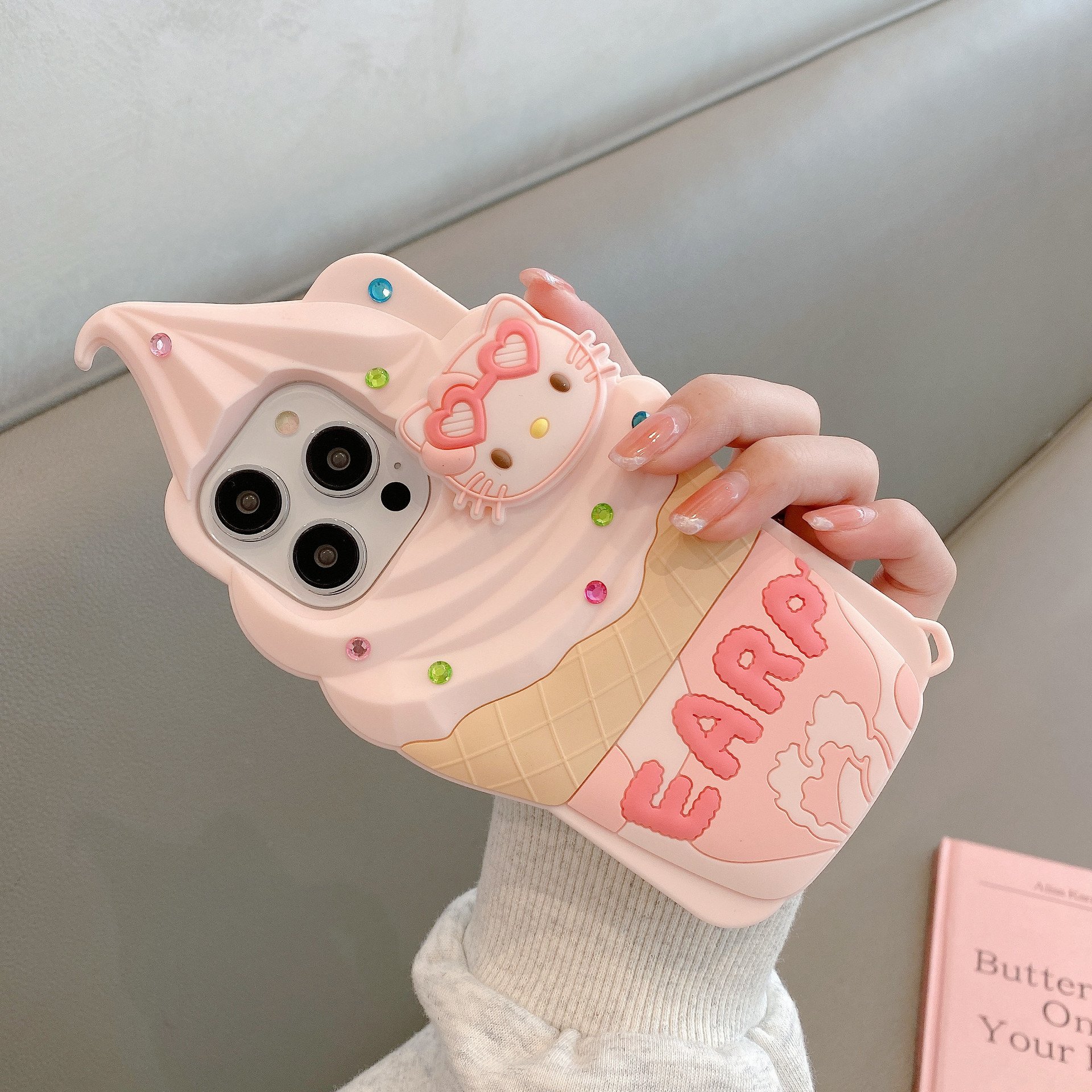 Cute Ice Cream Kitty Silicone Mobile Phone Case For iPhone 15 14 13 12 11 Pro max 3D cartoon Cat Earp Shockproof Back Cover