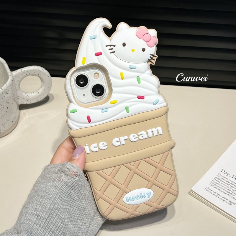 Cute Ice Cream Kitty Silicone Mobile Phone Case For iPhone 15 14 13 12 11 Pro max 3D cartoon Cat Earp Shockproof Back Cover