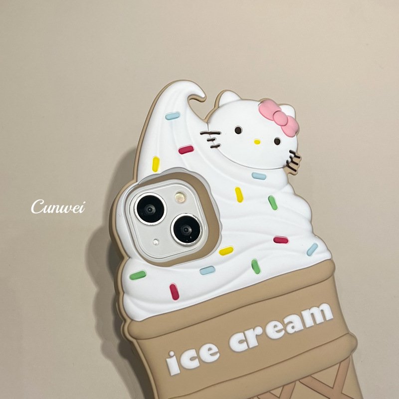 Cute Ice Cream Kitty Silicone Mobile Phone Case For iPhone 15 14 13 12 11 Pro max 3D cartoon Cat Earp Shockproof Back Cover