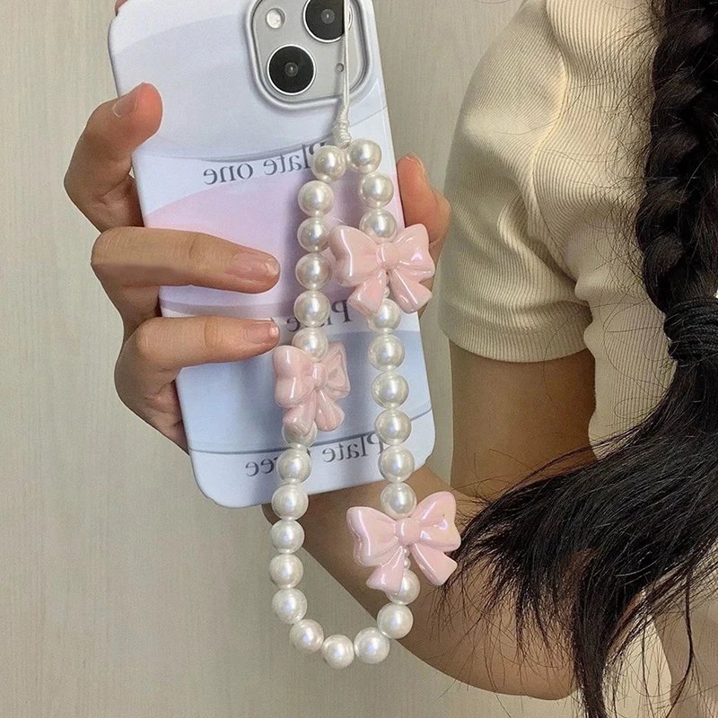Pink Pearl Bow Phone Chain Anti-Lost Bracelet For Mobile Phone Case Wrist Strap CCD Lanyard Phone Keychain Portable Chain