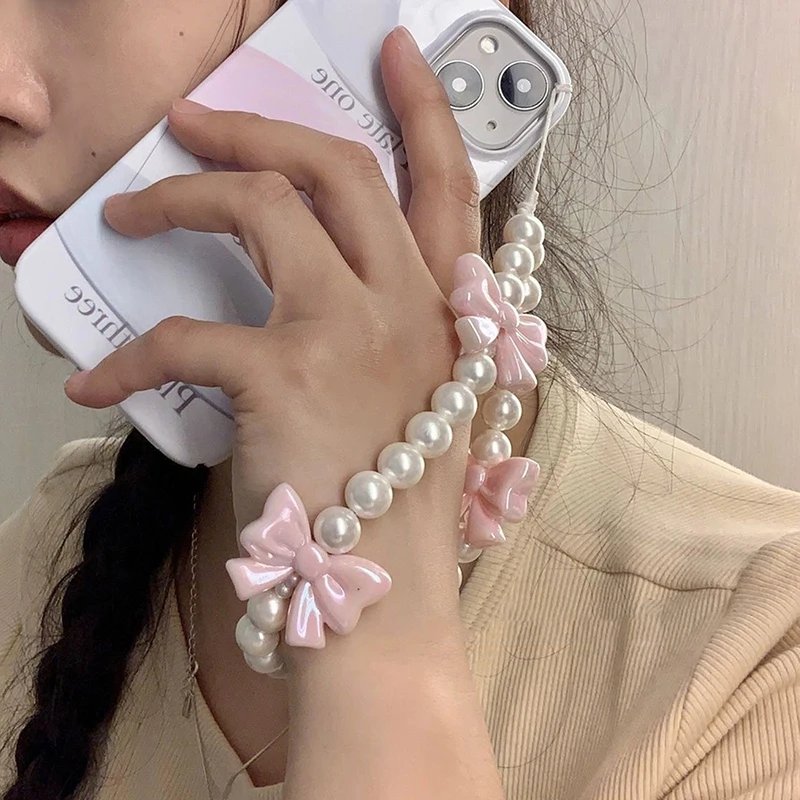 Pink Pearl Bow Phone Chain Anti-Lost Bracelet For Mobile Phone Case Wrist Strap CCD Lanyard Phone Keychain Portable Chain