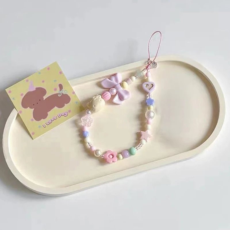 Pink Pearl Bow Phone Chain Anti-Lost Bracelet For Mobile Phone Case Wrist Strap CCD Lanyard Phone Keychain Portable Chain