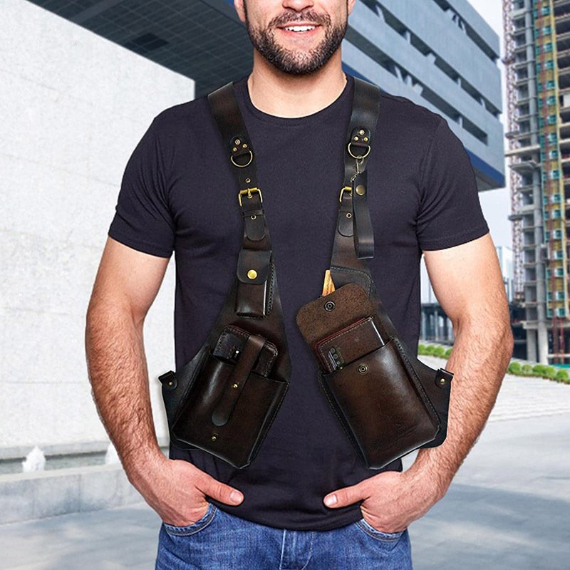 Retro Leather Strap Western Cowboy Mobile Phone Bag Vest Armpit Shoulder Bag for Men and Women Outdoor Square Bag