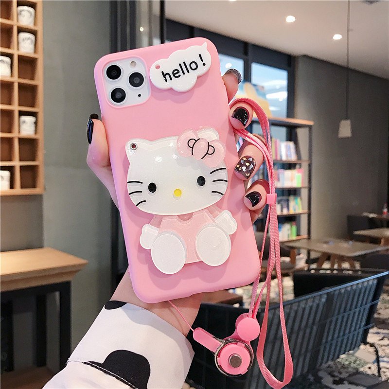 Popular with girls Hello Cute kitty 3D Cat Makeup Mirror with phone strap TPU Phone Case For iPhone 16 15 14 13 12 11/Pro max