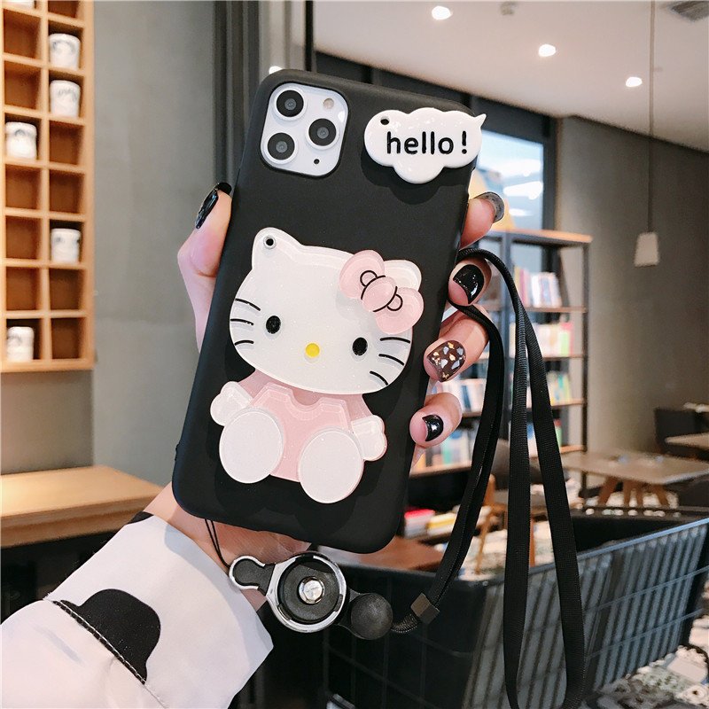 Popular with girls Hello Cute kitty 3D Cat Makeup Mirror with phone strap TPU Phone Case For iPhone 16 15 14 13 12 11/Pro max