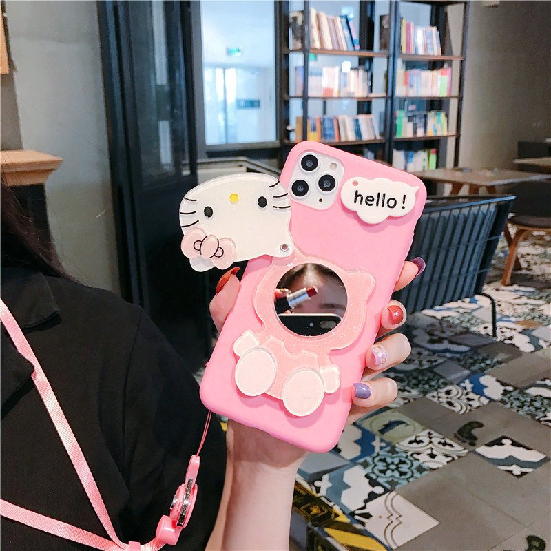 Popular with girls Hello Cute kitty 3D Cat Makeup Mirror with phone strap TPU Phone Case For iPhone 16 15 14 13 12 11/Pro max