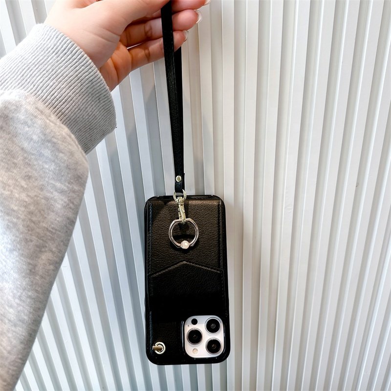 High-end leather solid color card bag fashion phone case for iPhone16promax 15pro protective case 14 hand-held crossbody rope 13