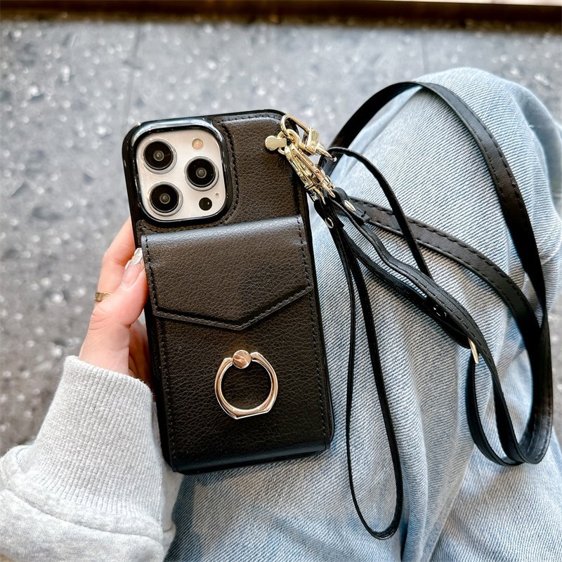 High-end leather solid color card bag fashion phone case for iPhone16promax 15pro protective case 14 hand-held crossbody rope 13