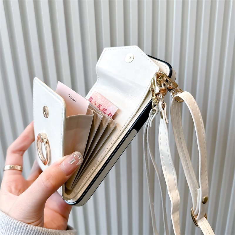 High-end leather solid color card bag fashion phone case for iPhone16promax 15pro protective case 14 hand-held crossbody rope 13