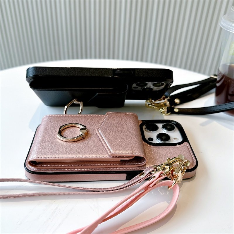 High-end leather solid color card bag fashion phone case for iPhone16promax 15pro protective case 14 hand-held crossbody rope 13