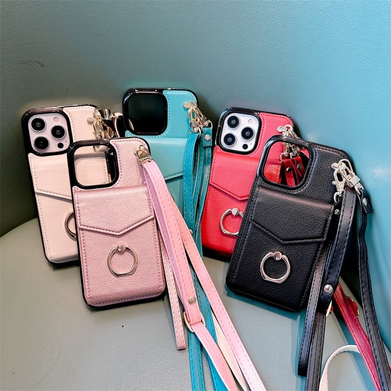 High-end leather solid color card bag fashion phone case for iPhone16promax 15pro protective case 14 hand-held crossbody rope 13