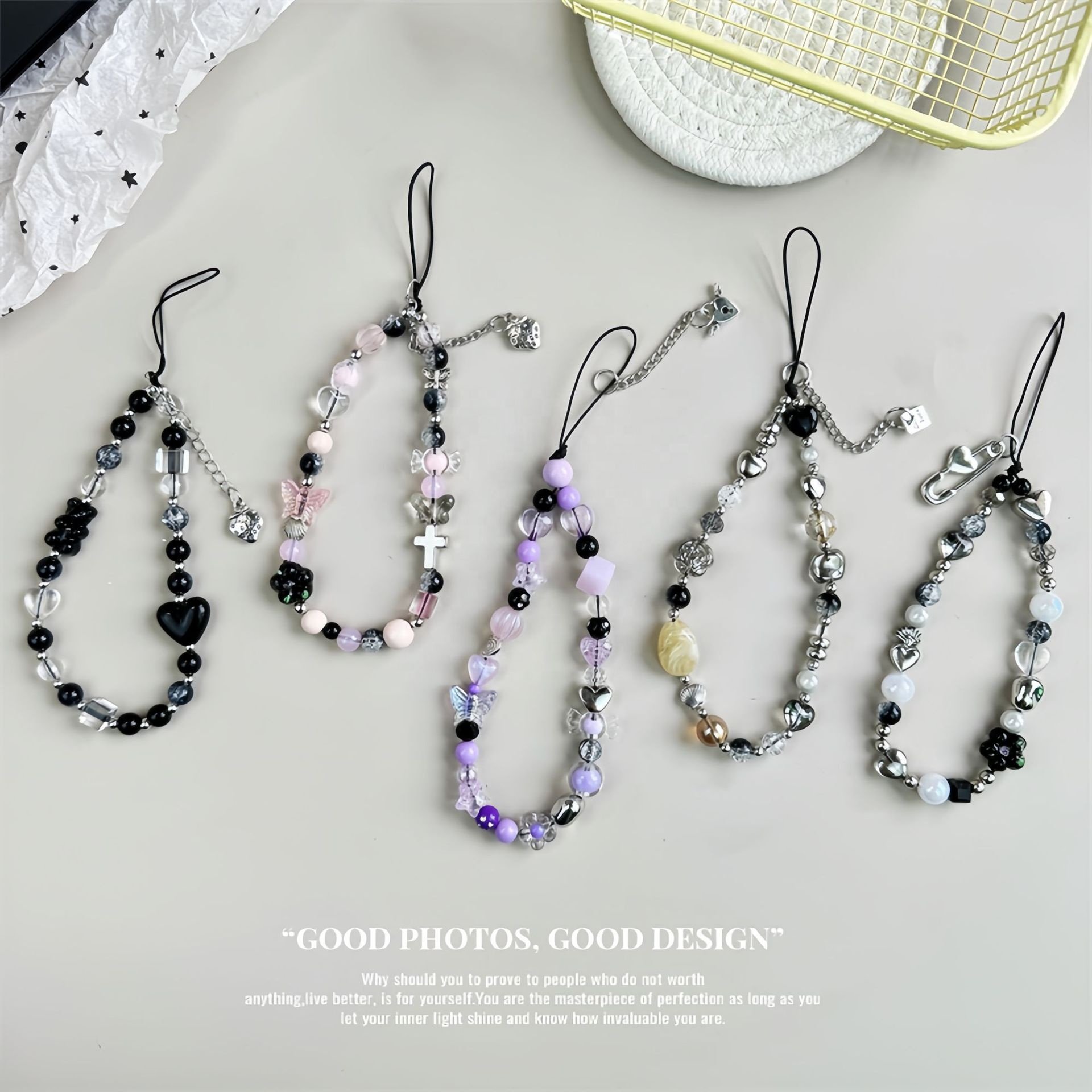 MAXUN Wholesale Custom Phone Heart Bead Charm Holding Strap Bracelet Iridescent Cell Phone Beads Lanyard Phone Beads Chain