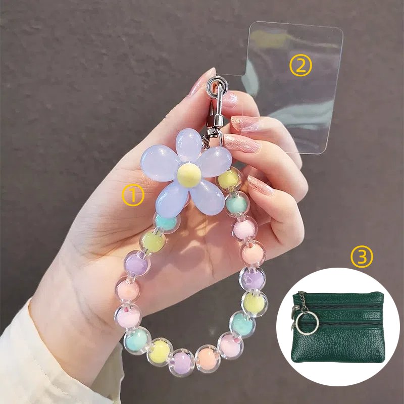 Cell Mobile Phone Key Chian Hand Holder Universal Wallet Wristlet Wrist Strap Beads Patch Tab Lanyard with Zipper Pouch Wallet