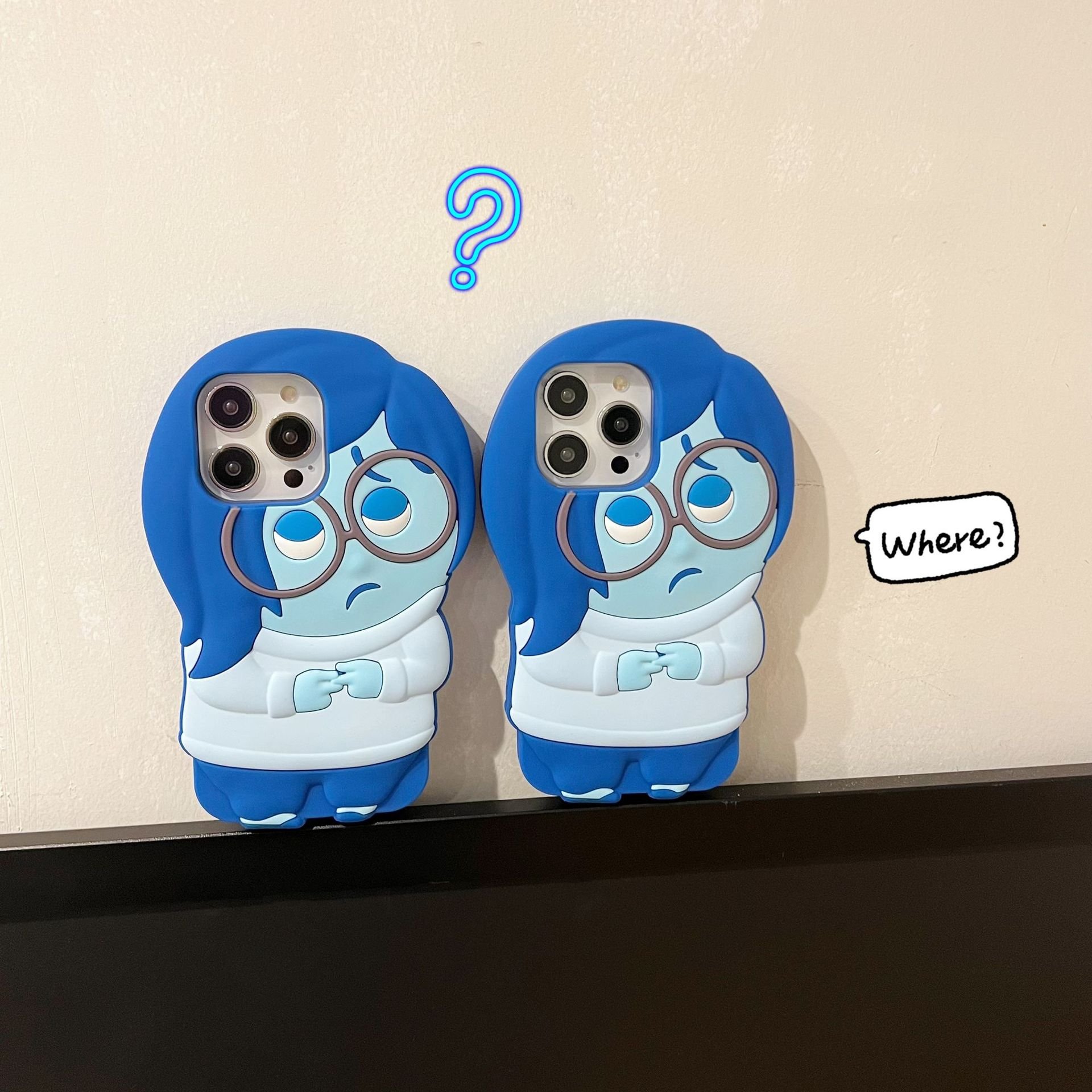 3D Cartoon Stereoscopic Blue Disneies Inside Out Phone Case for IPhone 15 14 13 12 11 Pro Max Plus Soft Silicone Back Cover Gift