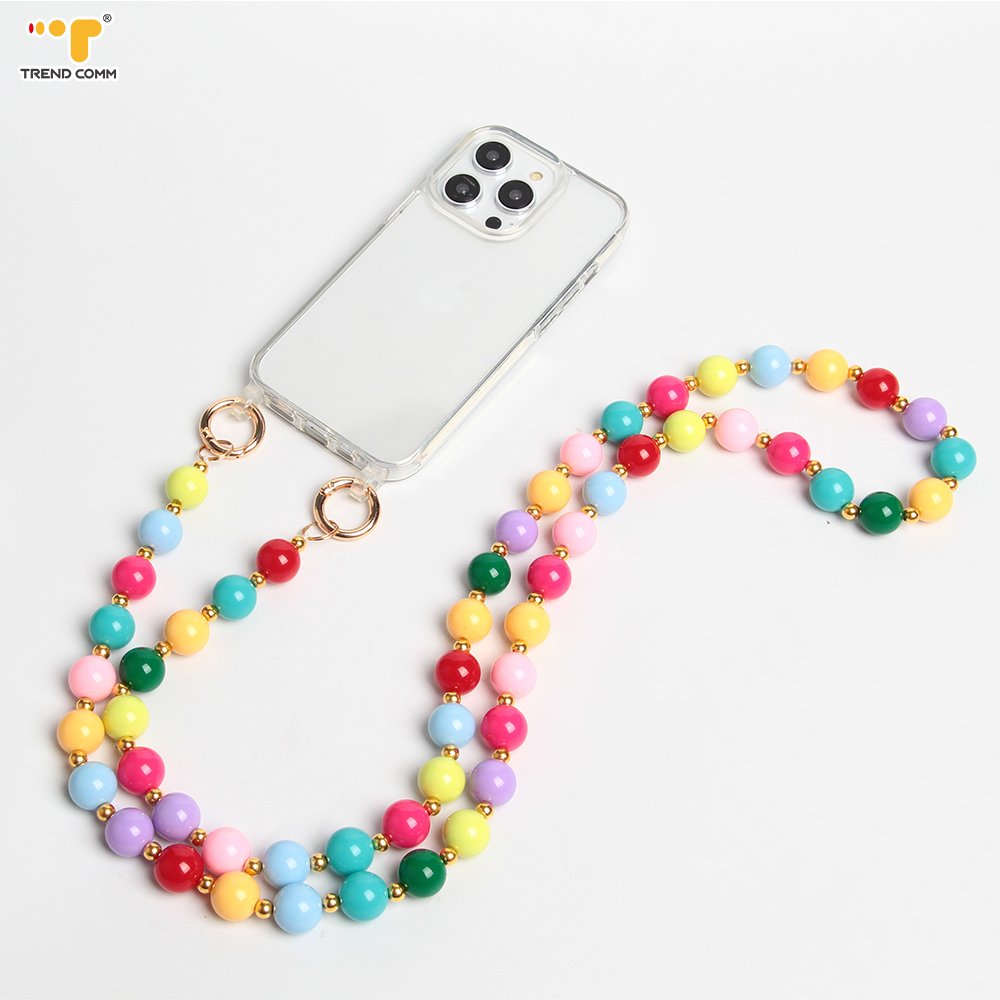 2024 Custom Luxury Long Acrylic Crossbody Lanyard Cute Rainbow Beads Detachable Mobile Phone Strap for iPhone High Quality