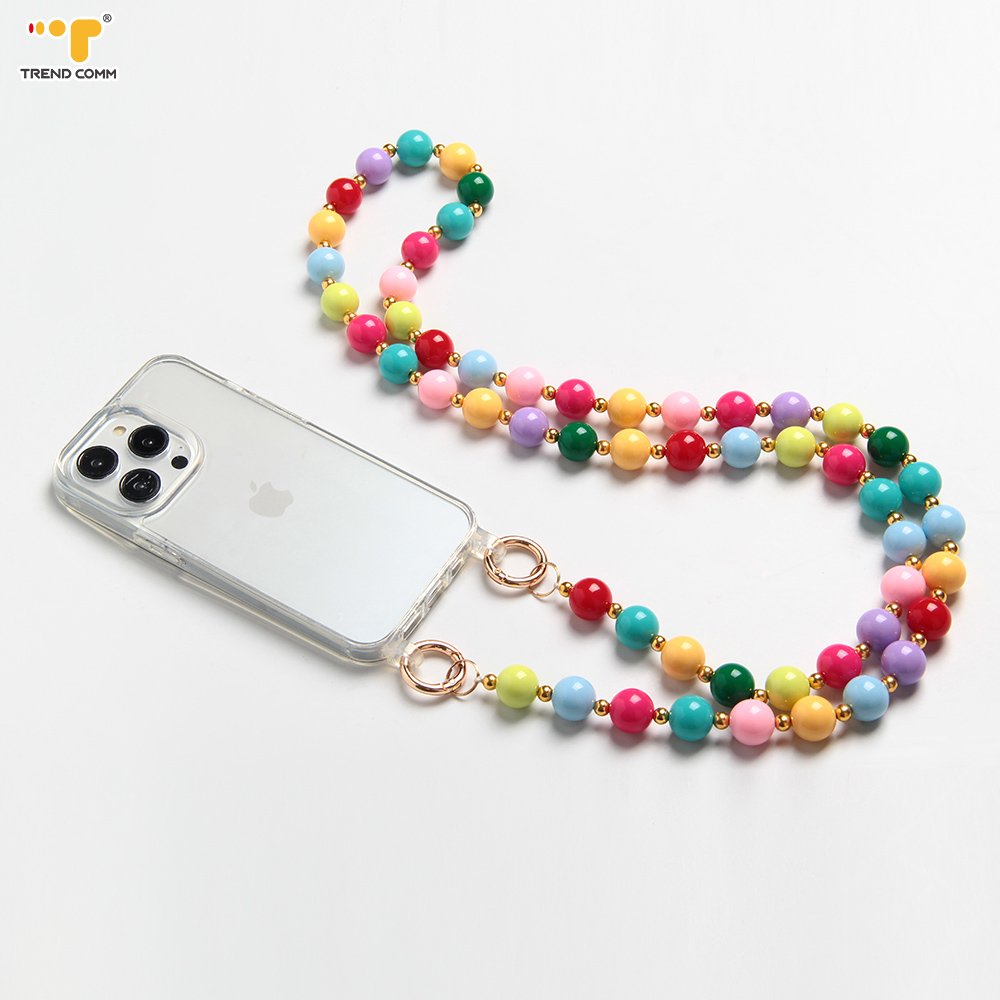 2024 Custom Luxury Long Acrylic Crossbody Lanyard Cute Rainbow Beads Detachable Mobile Phone Strap for iPhone High Quality