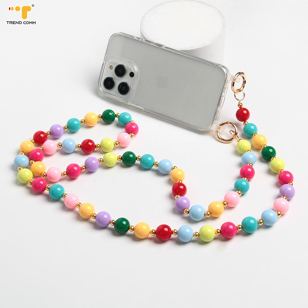 2024 Custom Luxury Long Acrylic Crossbody Lanyard Cute Rainbow Beads Detachable Mobile Phone Strap for iPhone High Quality