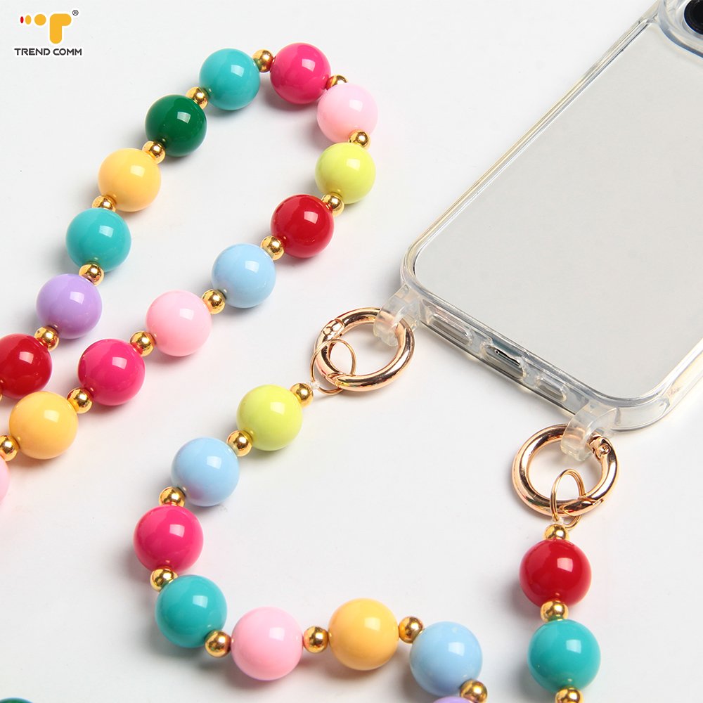 2024 Custom Luxury Long Acrylic Crossbody Lanyard Cute Rainbow Beads Detachable Mobile Phone Strap for iPhone High Quality