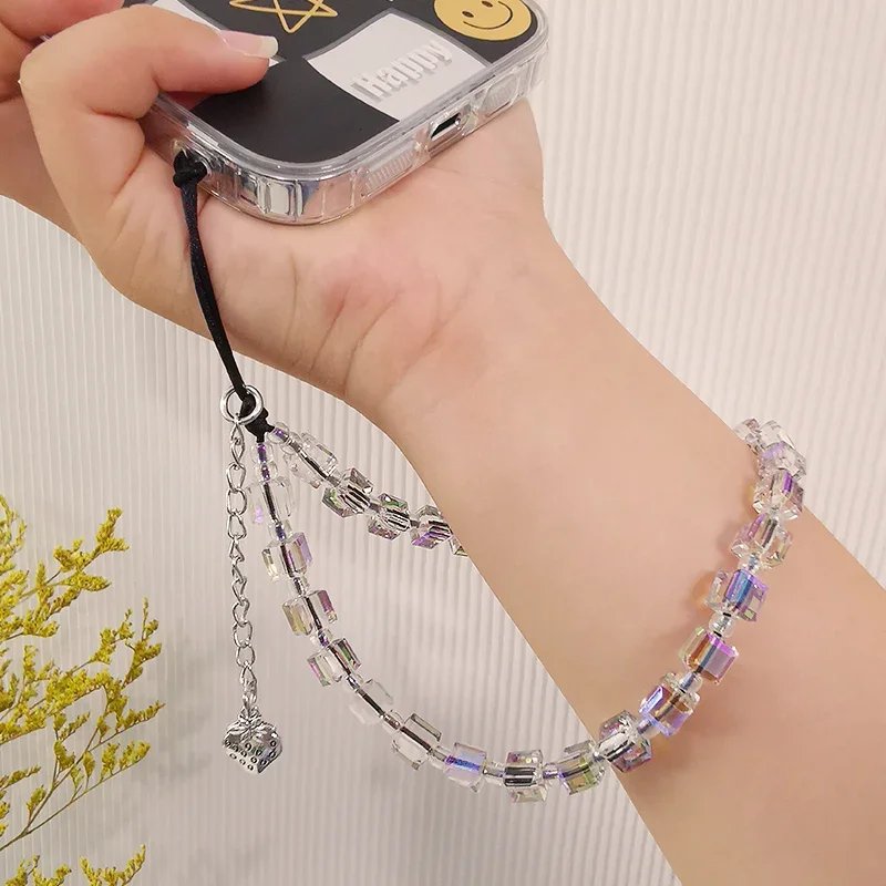 Mobile Phone Lanyard Short Wrist Strap with Strawberry Pendant Square Sugar Bracelet Mobile Phone Strap Anti Loss Side Hang
