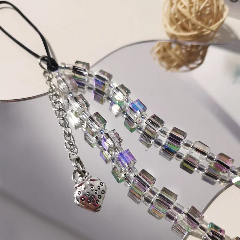 Mobile Phone Lanyard Short Wrist Strap with Strawberry Pendant Square Sugar Bracelet Mobile Phone Strap Anti Loss Side Hang