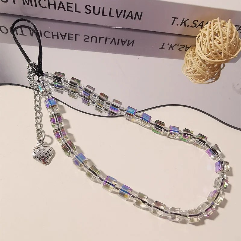 Mobile Phone Lanyard Short Wrist Strap with Strawberry Pendant Square Sugar Bracelet Mobile Phone Strap Anti Loss Side Hang