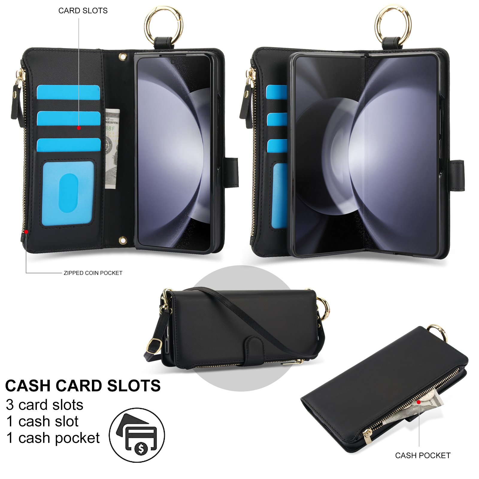 For Samsung Z Fold 6 5 4 3 Phone Case With Finger Metal Ring Holder PU Leather Folding phone Back Cover Crossbody Phone Case