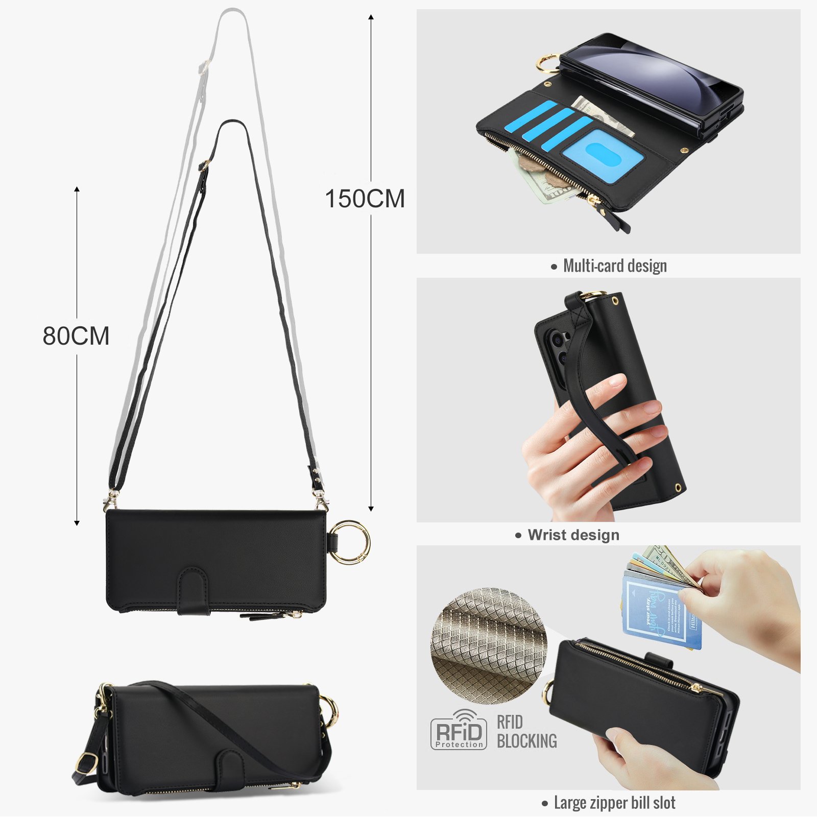 For Samsung Z Fold 6 5 4 3 Phone Case With Finger Metal Ring Holder PU Leather Folding phone Back Cover Crossbody Phone Case