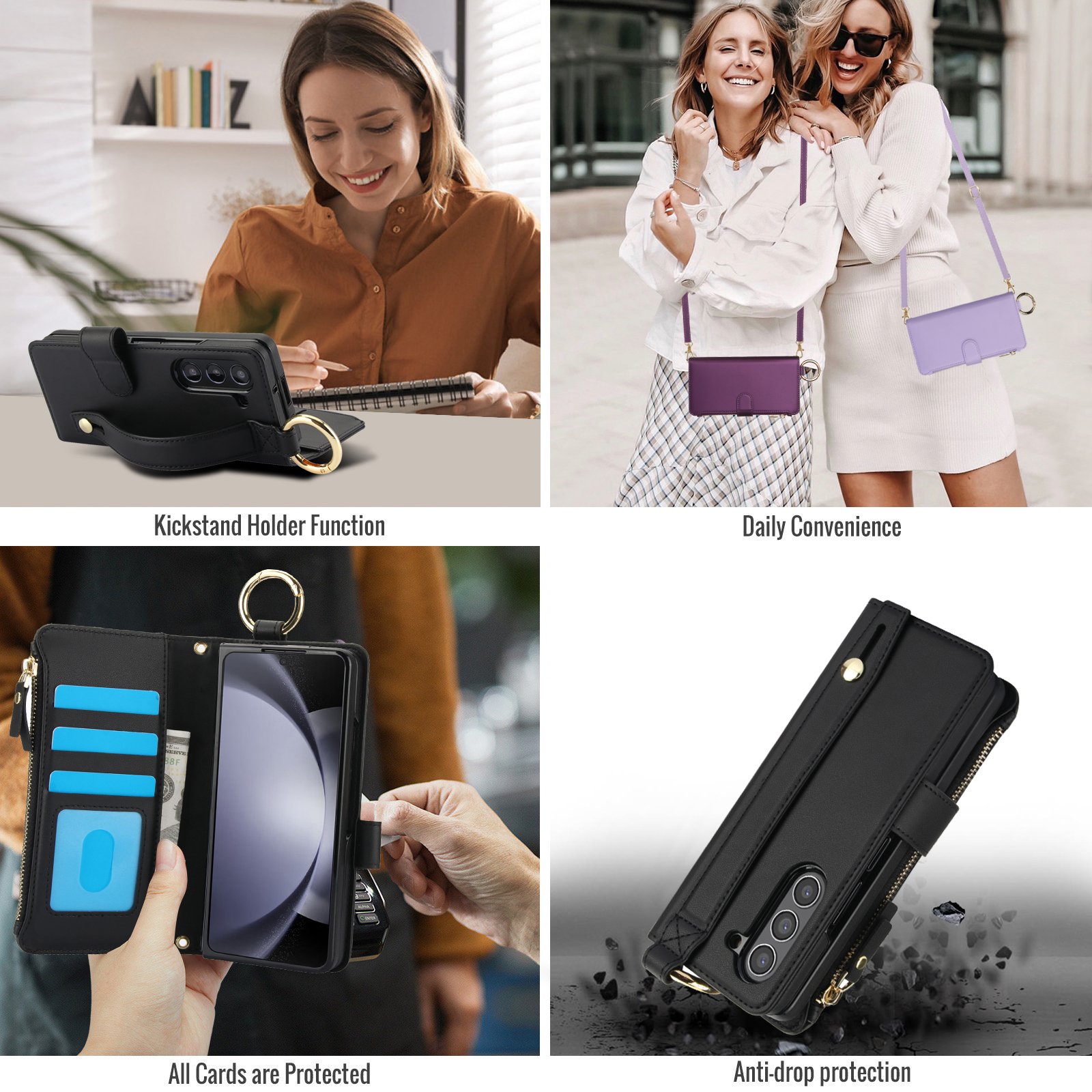 For Samsung Z Fold 6 5 4 3 Phone Case With Finger Metal Ring Holder PU Leather Folding phone Back Cover Crossbody Phone Case