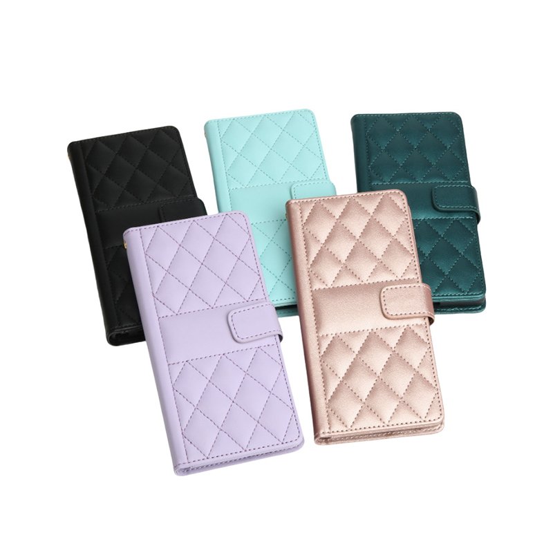 Diamond Pattern Wallet Leather Mobile Phone Bags Strap Phone Stand Cover Phone Case