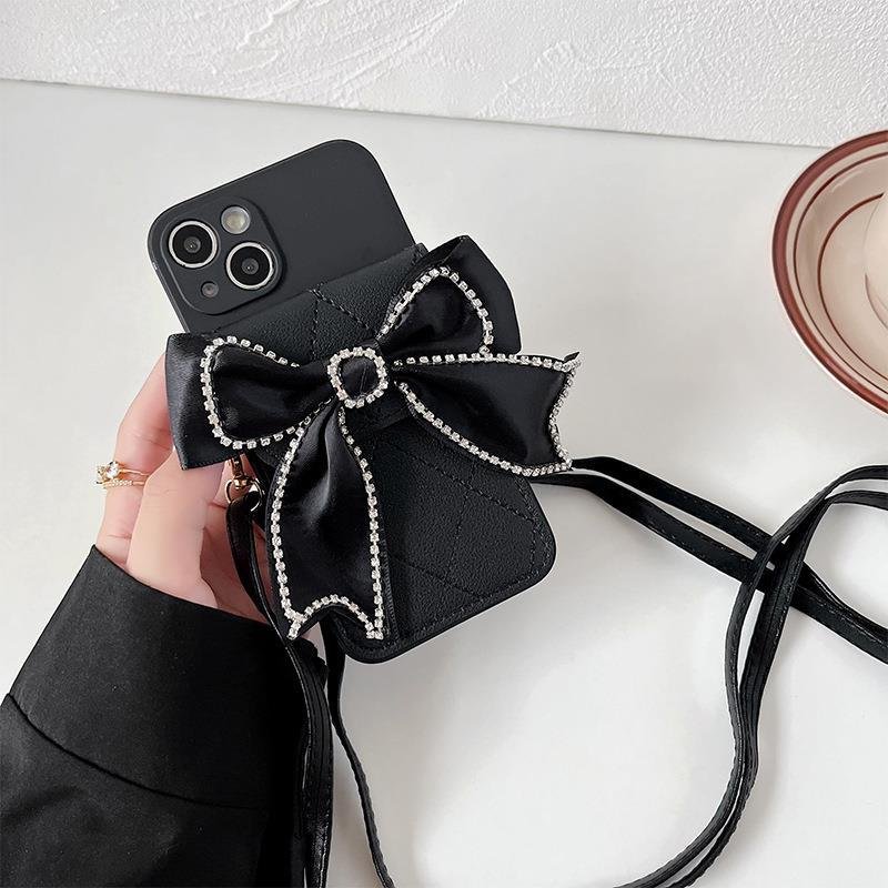 Fashion 3D Cute Bow Coin Purse Card Slot Holder Wallet Phone Case For iphones 15 16 pro max 14 Plus With Crossbody Lanyard Strap
