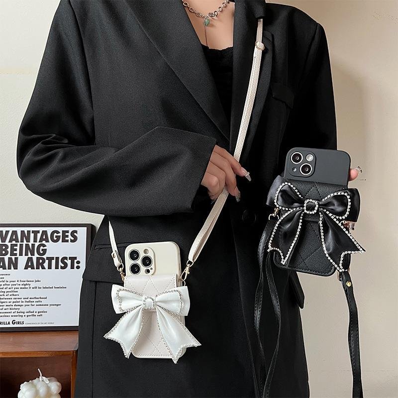 Fashion 3D Cute Bow Coin Purse Card Slot Holder Wallet Phone Case For iphones 15 16 pro max 14 Plus With Crossbody Lanyard Strap
